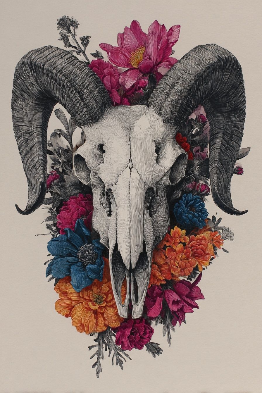 Ram Skull Floral Illustration Poster. poster — illustration art