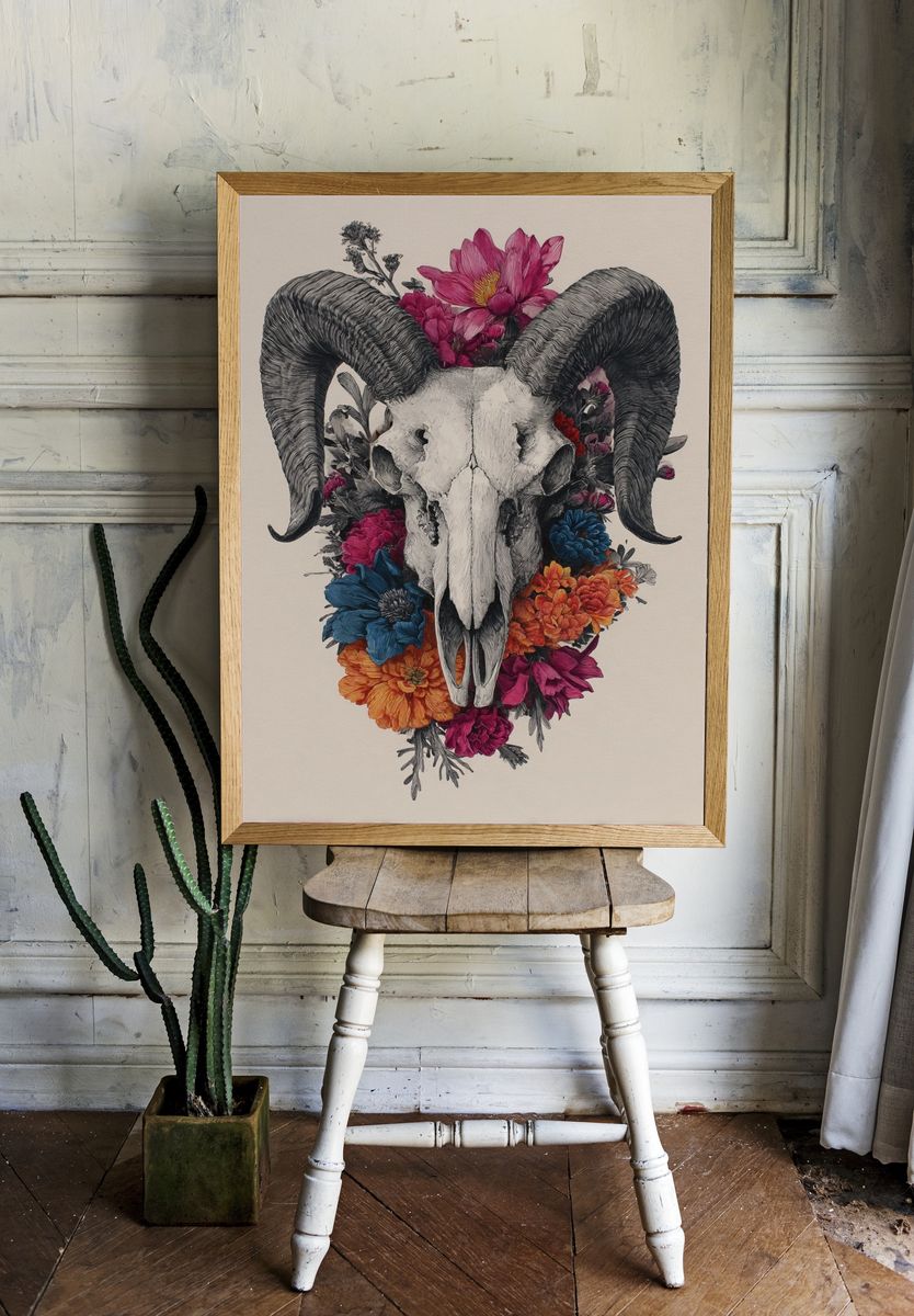 Ram Skull Floral Illustration Poster. — room view 1
