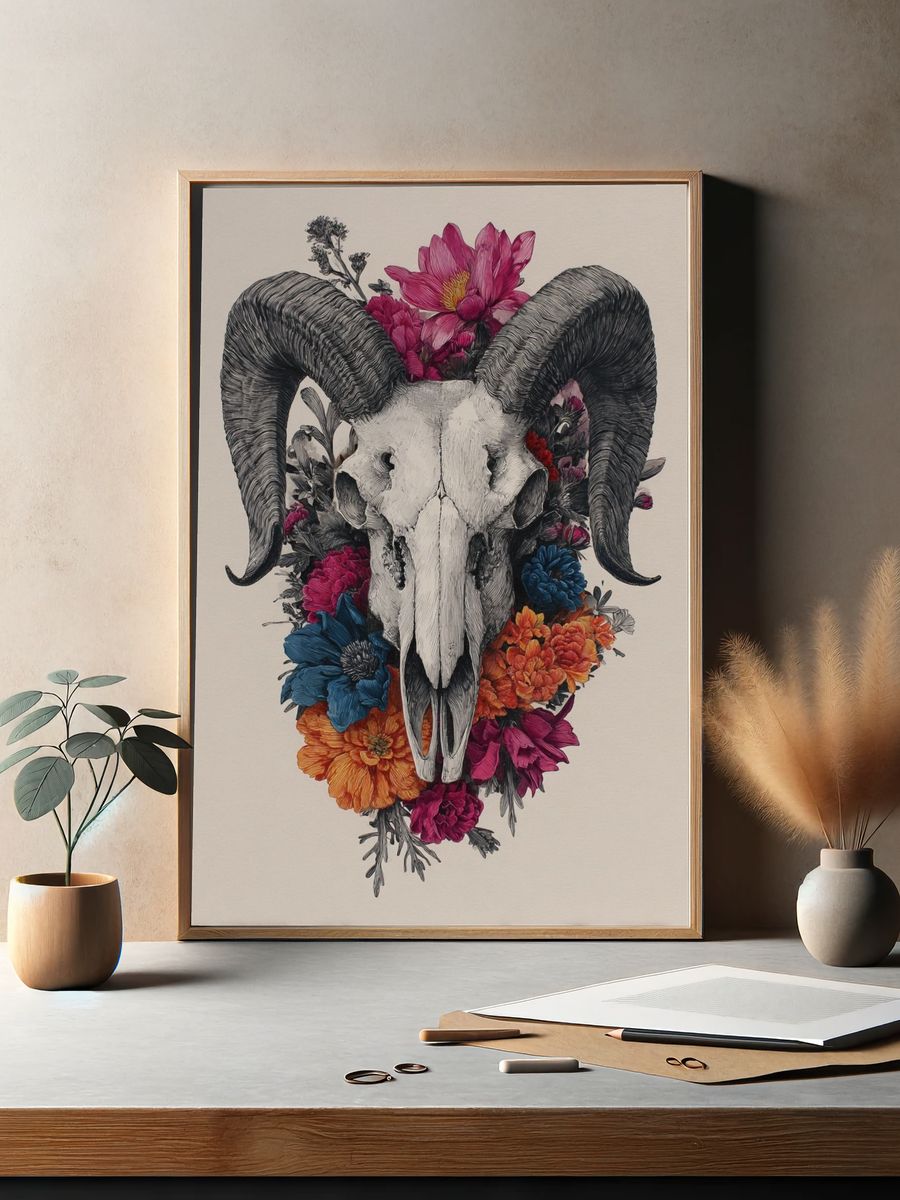 Ram Skull Floral Illustration Poster. — room view 2