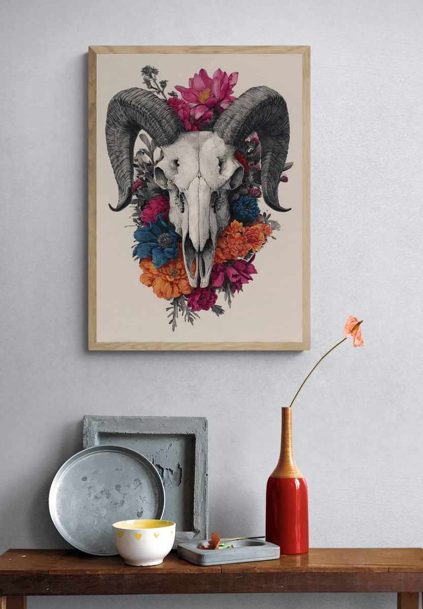 Ram Skull Floral Illustration Poster. — room view 3