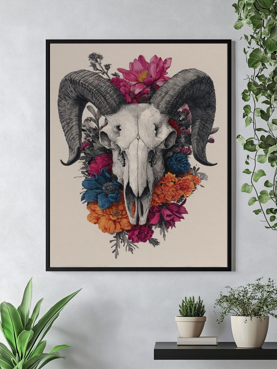 Ram Skull Floral Illustration Poster. — room view 4