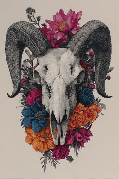 Ram Skull Floral Illustration Poster. poster