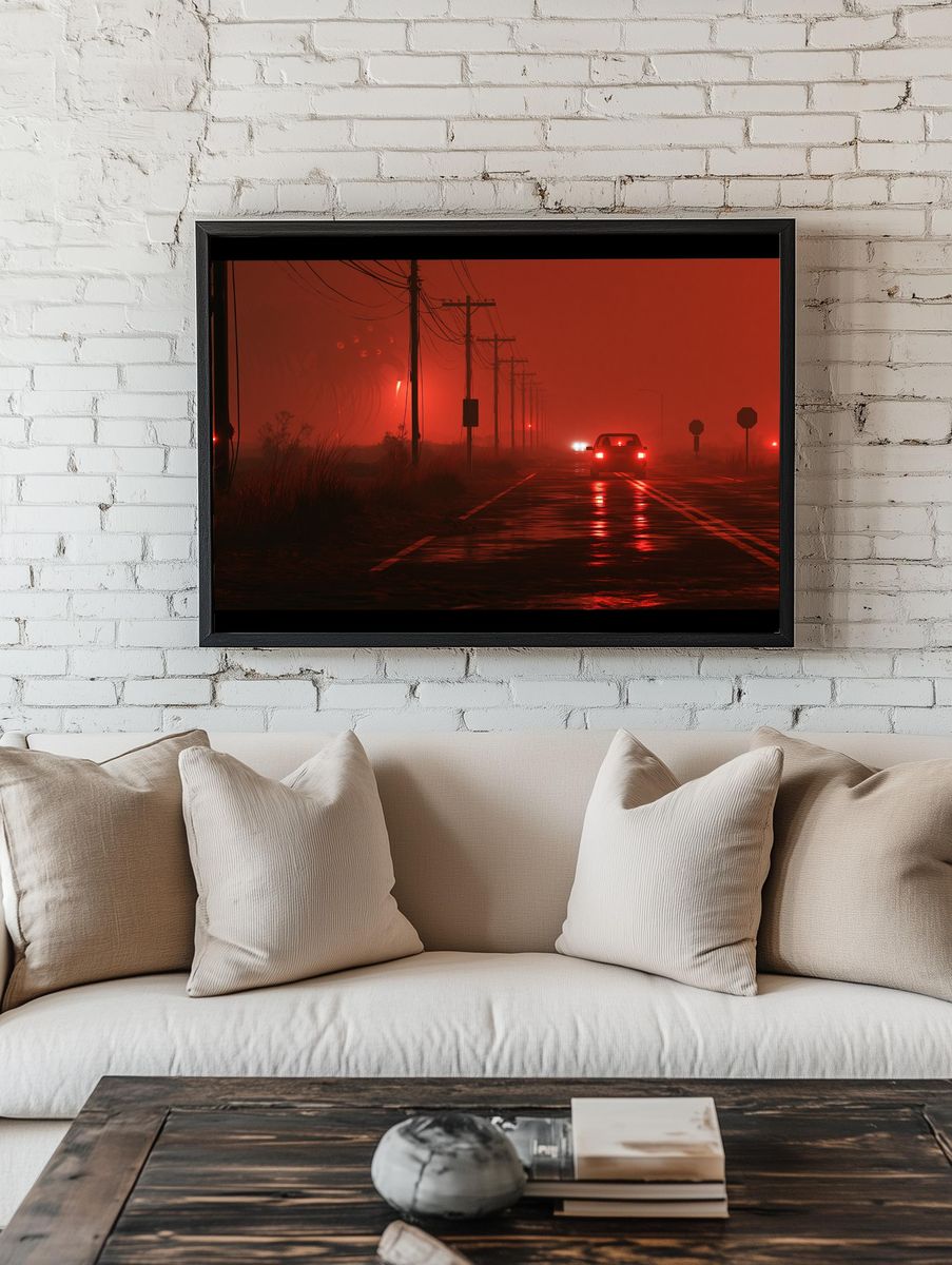 Red Fog Roadscape Photography Poster. — room view 1