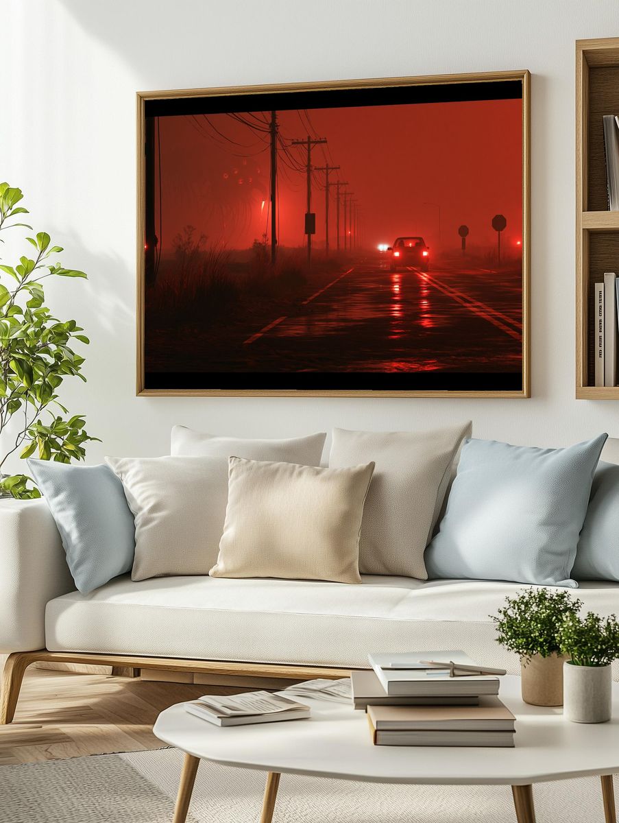Red Fog Roadscape Photography Poster. — room view 2
