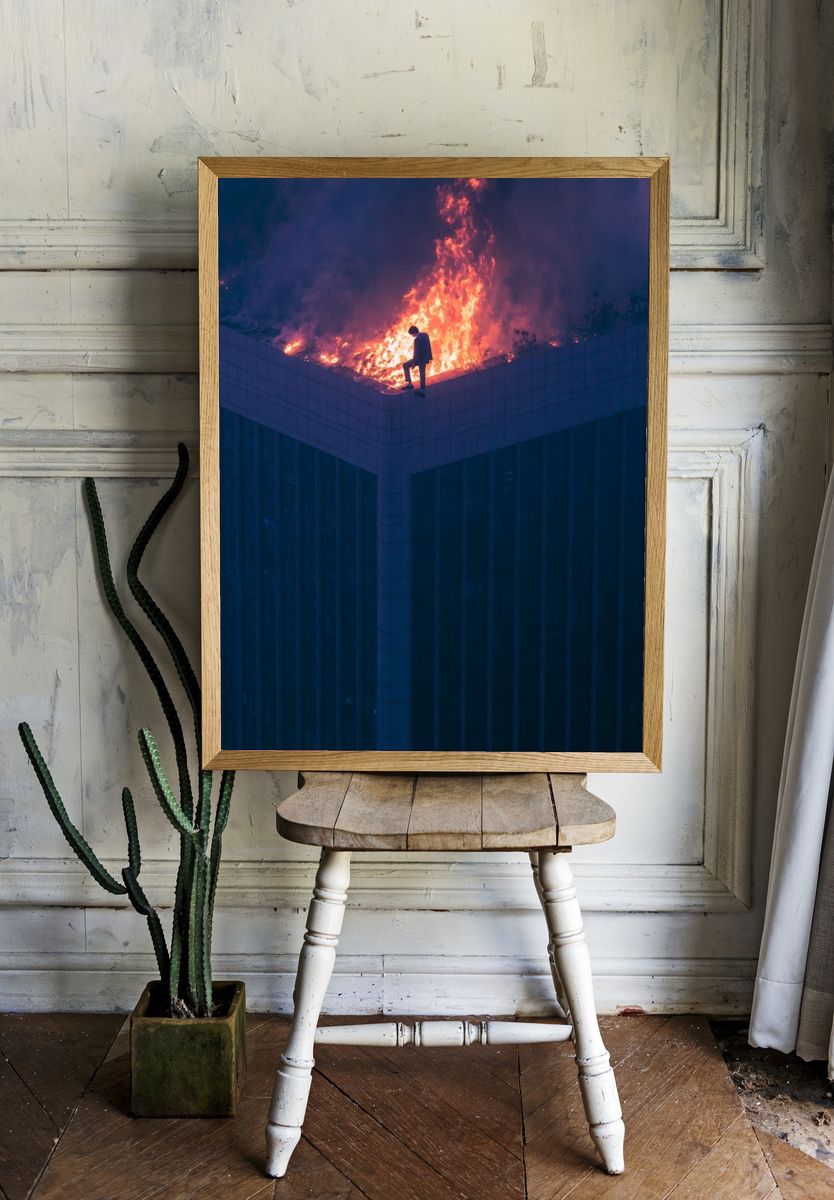 Rooftop Fire Silhouette Photography Poster. room preview