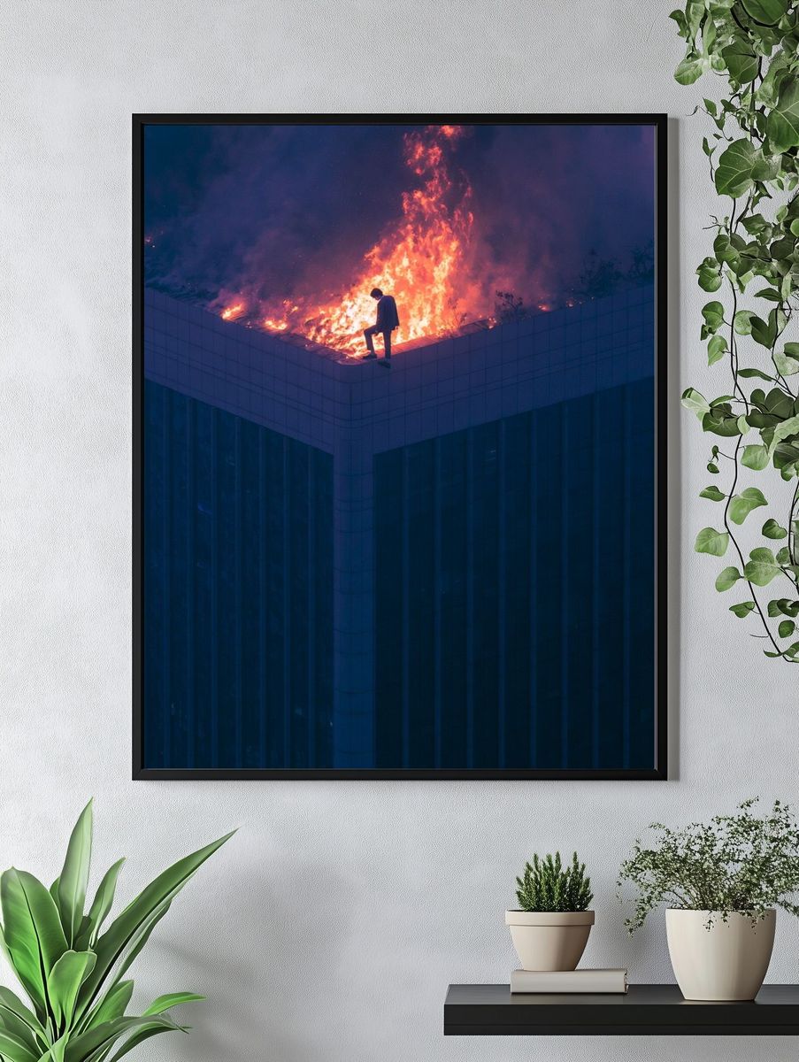 Rooftop Fire Silhouette Photography Poster. — room view 4