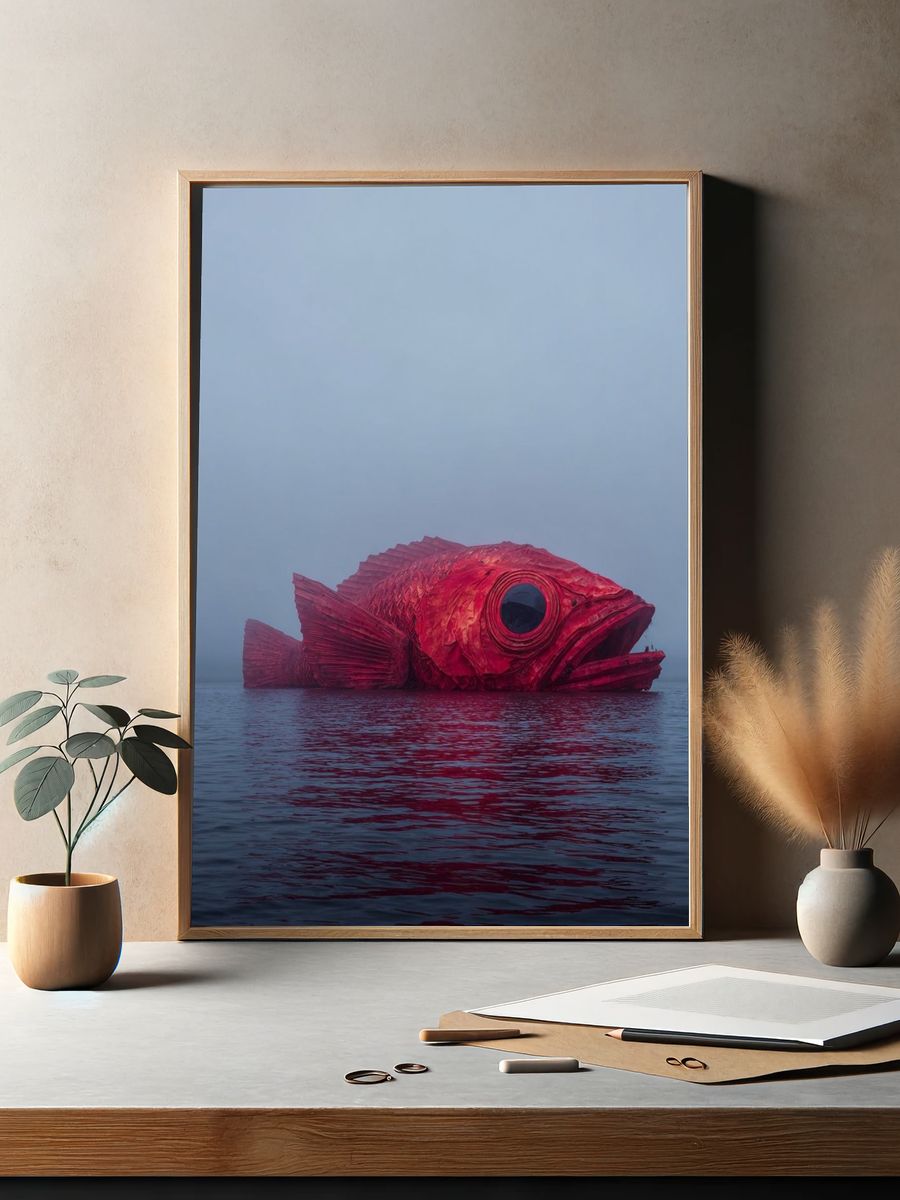 Giant Red Fish Sculpture — Fine Art Print. — room view 2