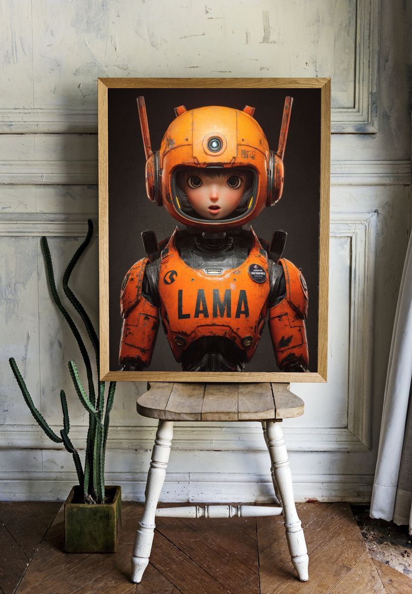 Robot Girl in Orange Armor — Digital Art Print. — room view 1