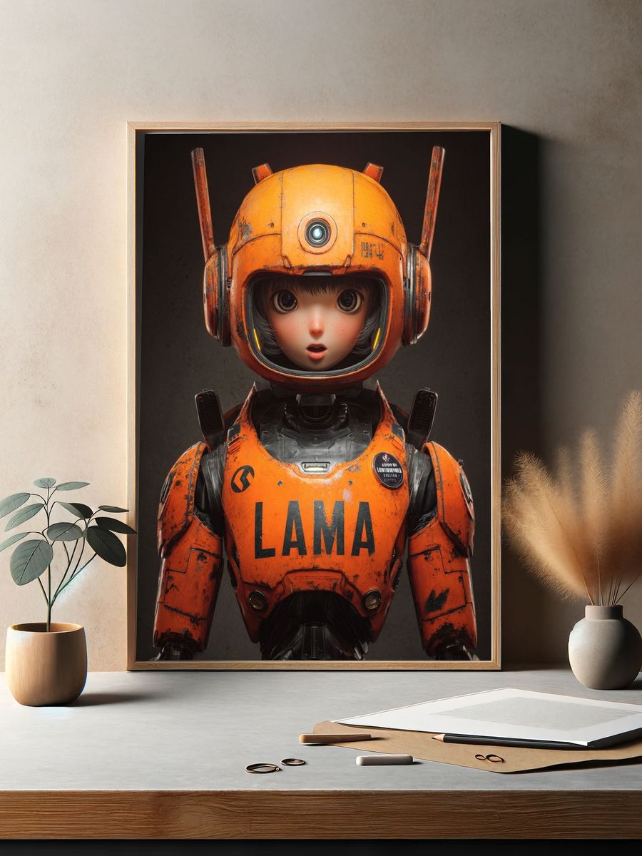 Robot Girl in Orange Armor — Digital Art Print. — room view 2