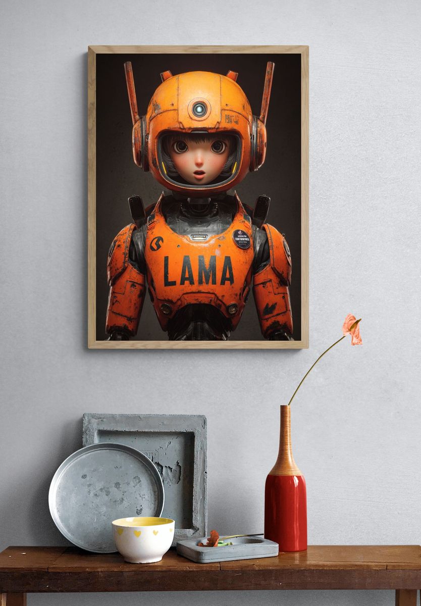 Robot Girl in Orange Armor — Digital Art Print. — room view 3