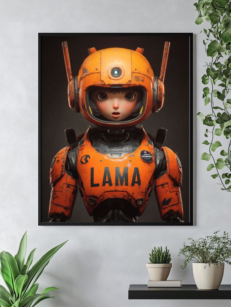 Robot Girl in Orange Armor — Digital Art Print. — room view 4