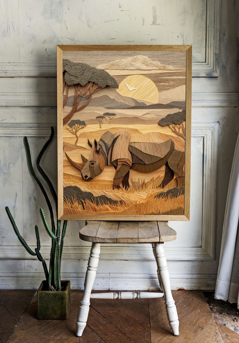 Rhino Savannah Paper Relief Poster. — room view 1