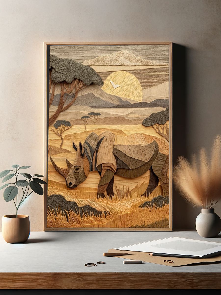 Rhino Savannah Paper Relief Poster. — room view 2