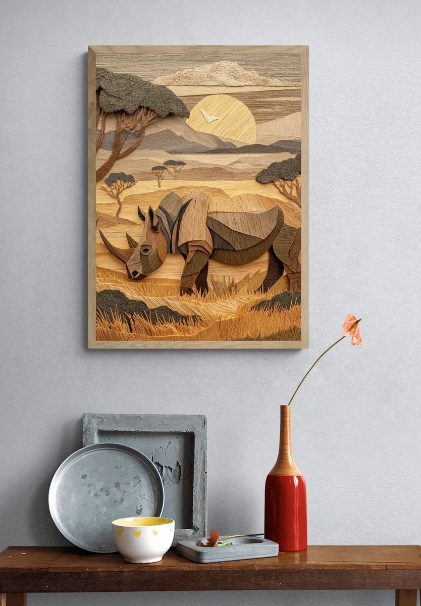 Rhino Savannah Paper Relief Poster. — room view 3