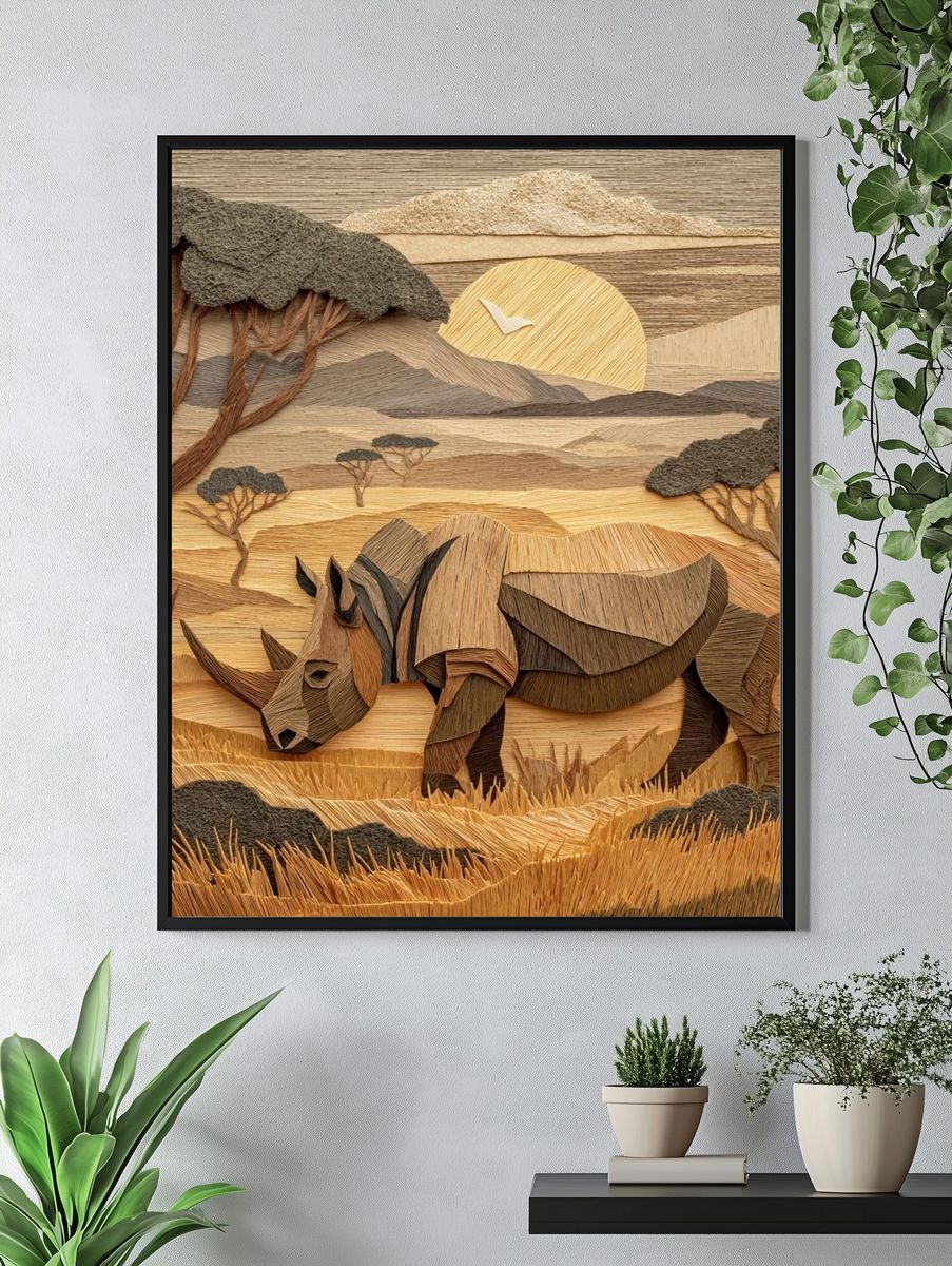 Rhino Savannah Paper Relief Poster. — room view 4
