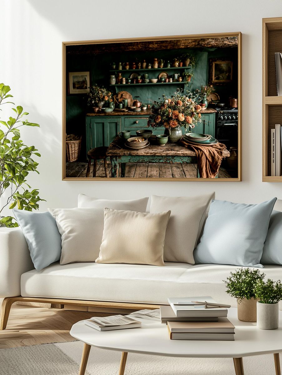 Rustic Green Kitchen Still Life Poster. — room view 2