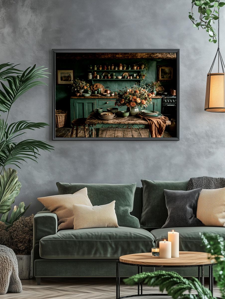 Rustic Green Kitchen Still Life Poster. — room view 4