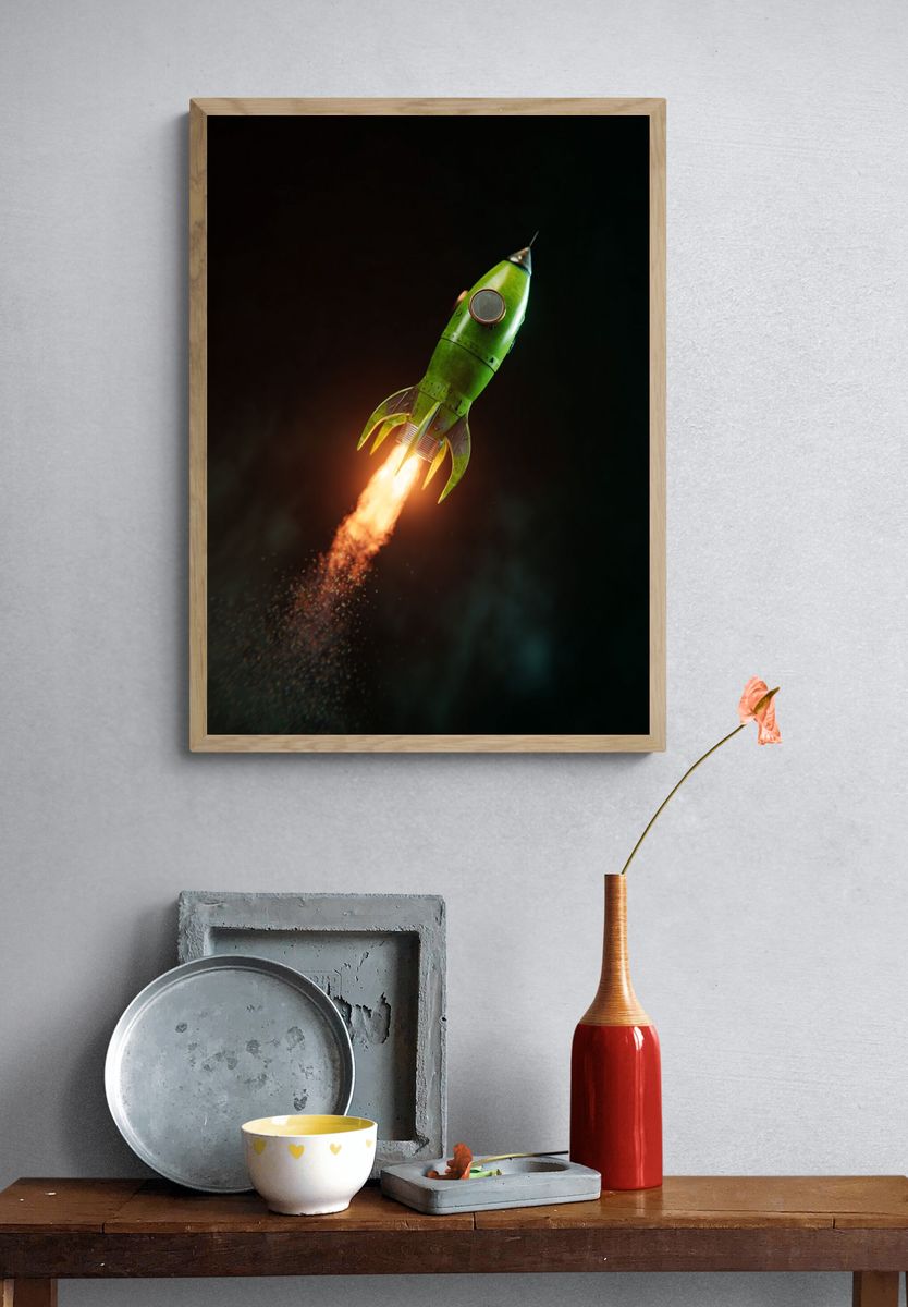 Green Rocket Launch — Digital Art Print. — room view 3