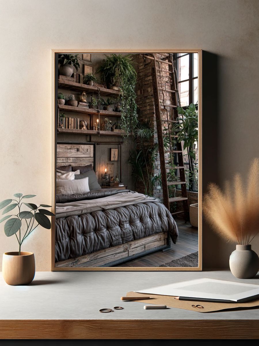 Rustic Loft Bedroom Interior Print. — room view 2