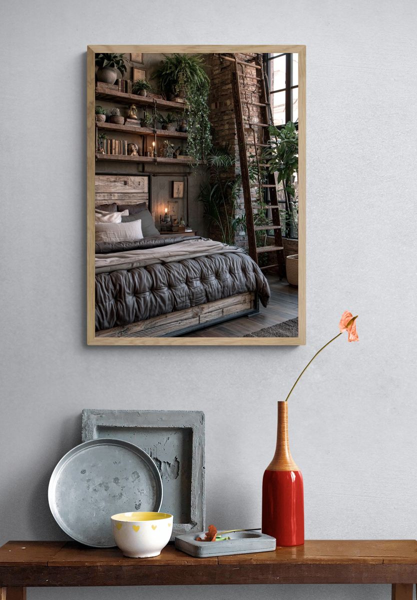 Rustic Loft Bedroom Interior Print. — room view 3