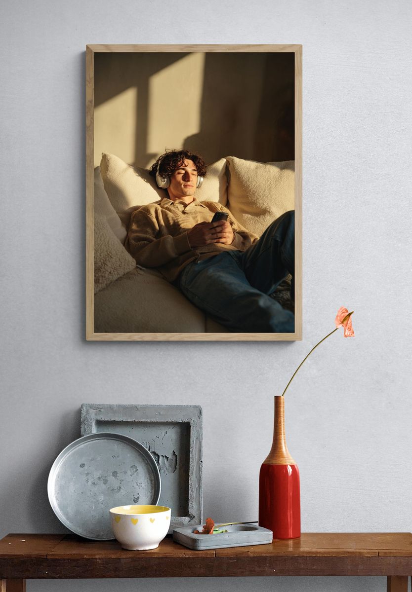 Relaxed Man Listening to Music — Photography Print. — room view 3