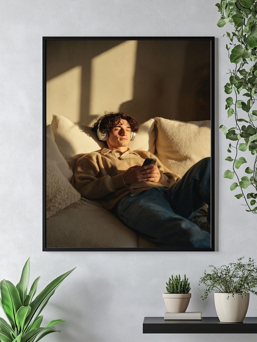 Relaxed Man Listening to Music — Photography Print. — room view 4