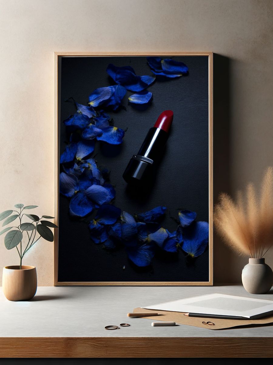 Red Lipstick with Blue Petals — Photography Print. — room view 2