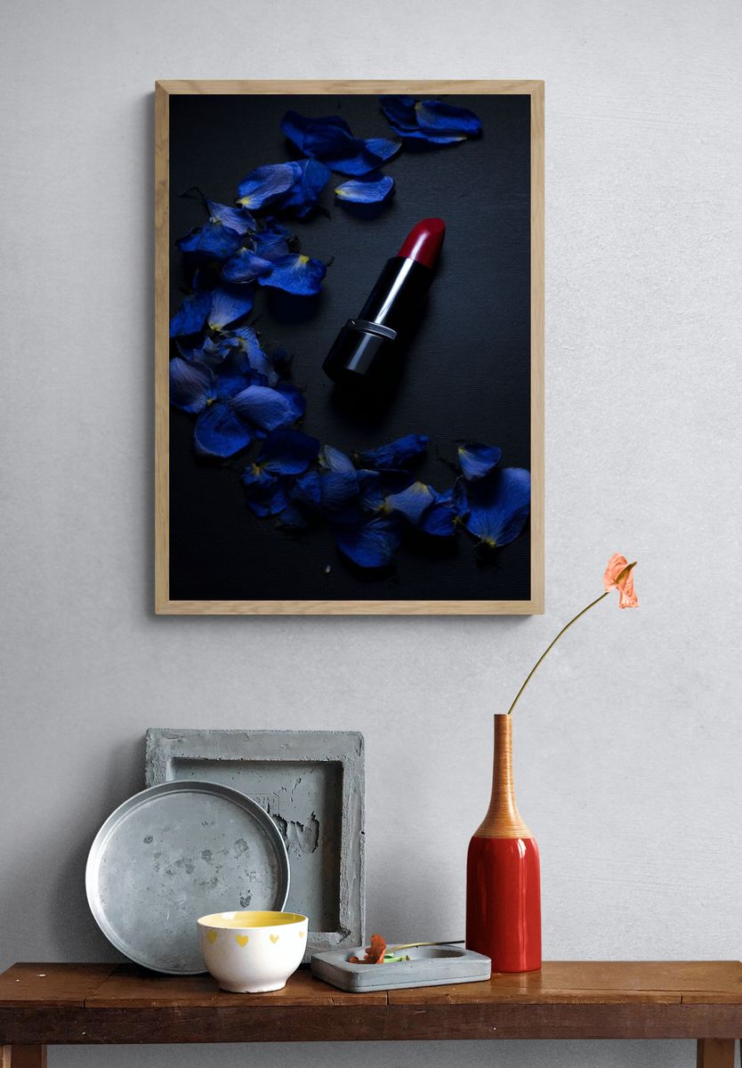 Red Lipstick with Blue Petals — Photography Print. — room view 3