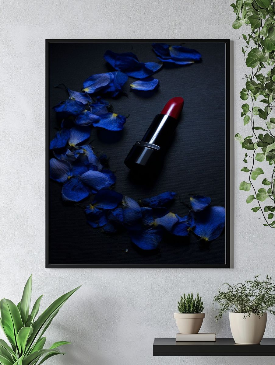 Red Lipstick with Blue Petals — Photography Print. — room view 4