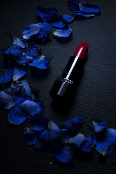 Red Lipstick with Blue Petals — Photography Print. poster print