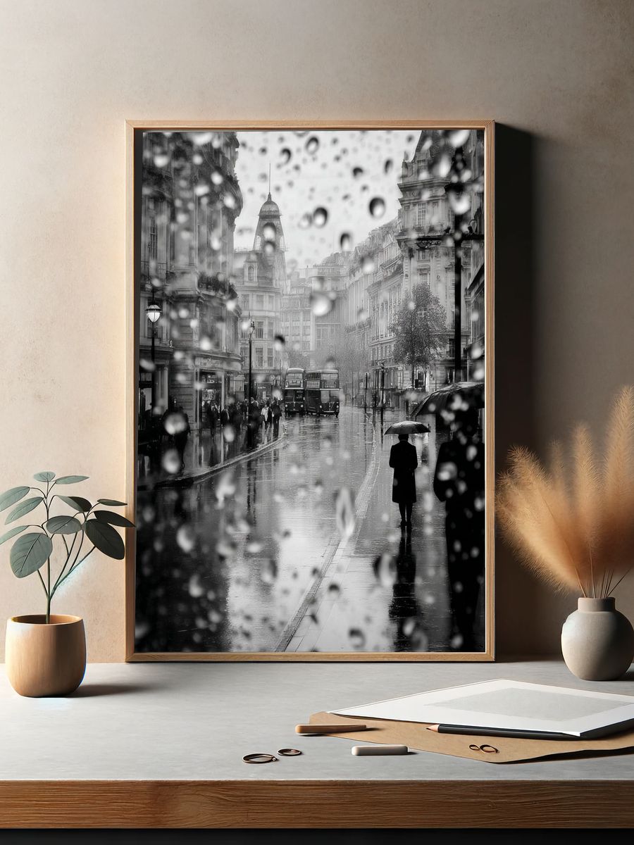 Rainy London Street — Black-White Print. — room view 2