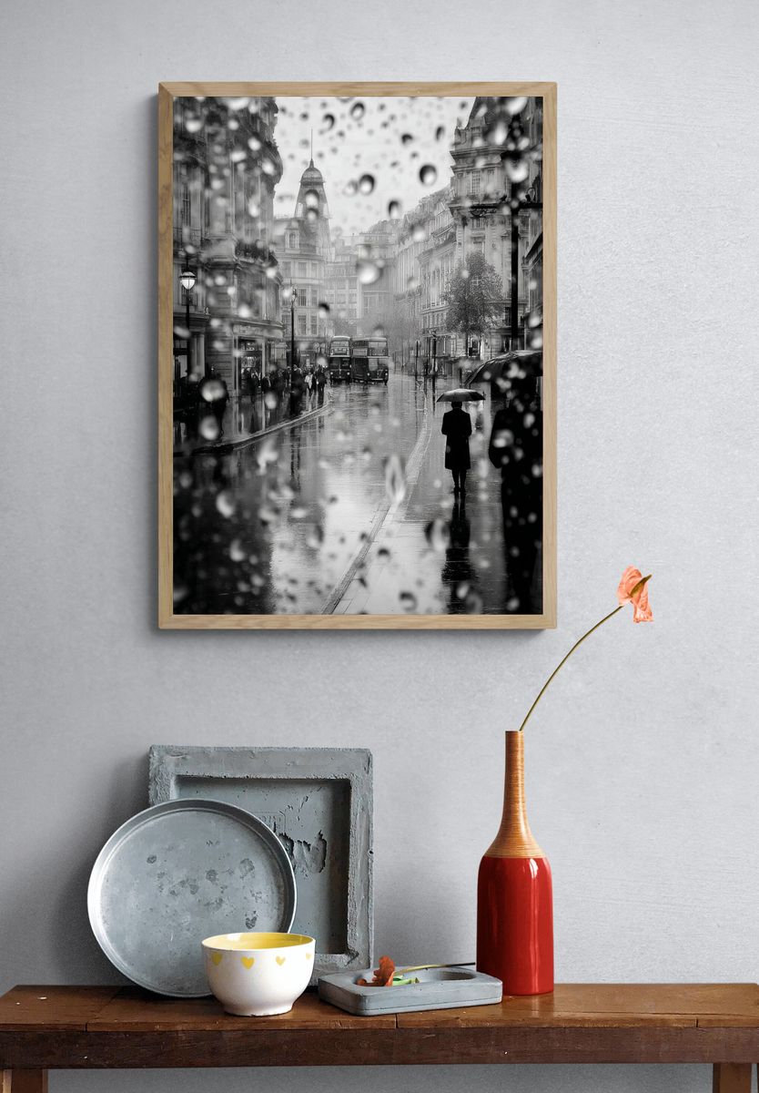 Rainy London Street — Black-White Print. — room view 3