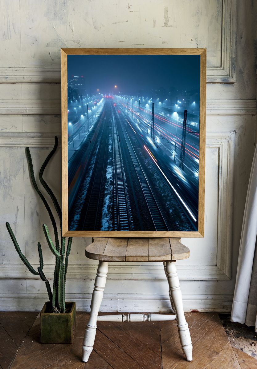 Foggy Railway Nightscape Photography Poster. room preview