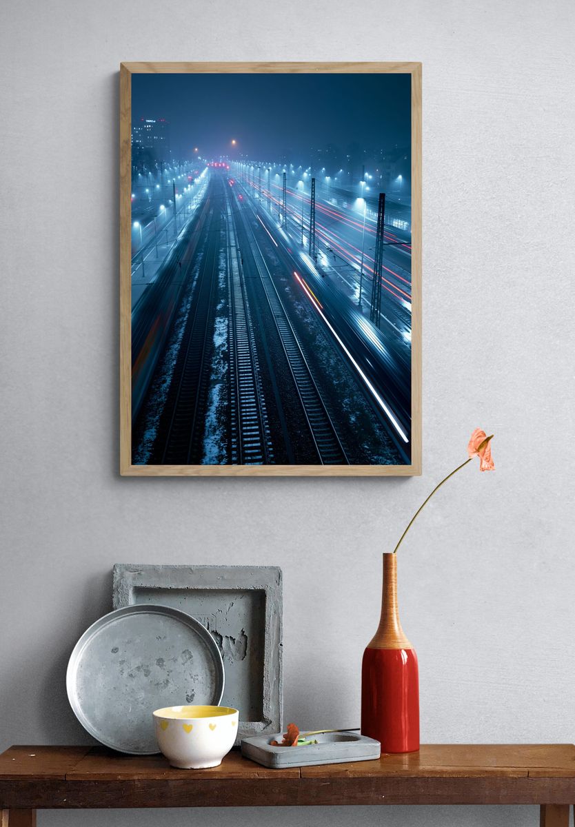 Foggy Railway Nightscape Photography Poster. — room view 3