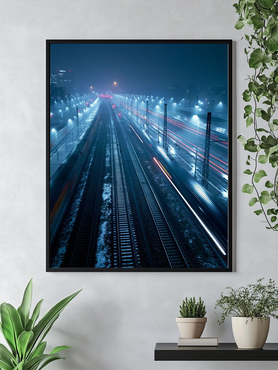 Foggy Railway Nightscape Photography Poster. — room view 4