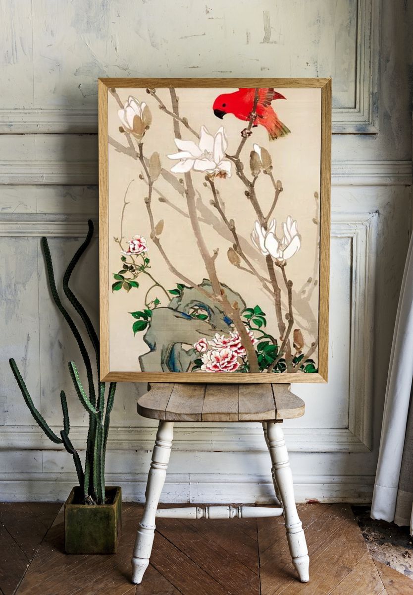 Red Bird and Magnolia Flowers — Fine Art Print. — room view 1