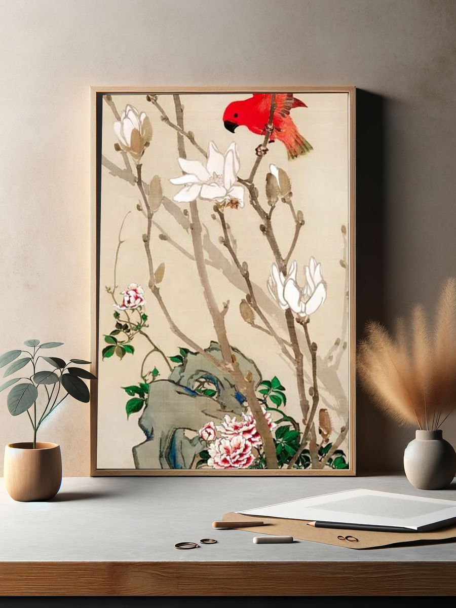 Red Bird and Magnolia Flowers — Fine Art Print. — room view 2