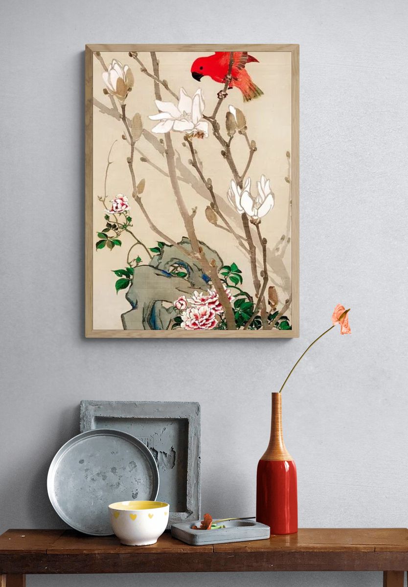 Red Bird and Magnolia Flowers — Fine Art Print. — room view 3