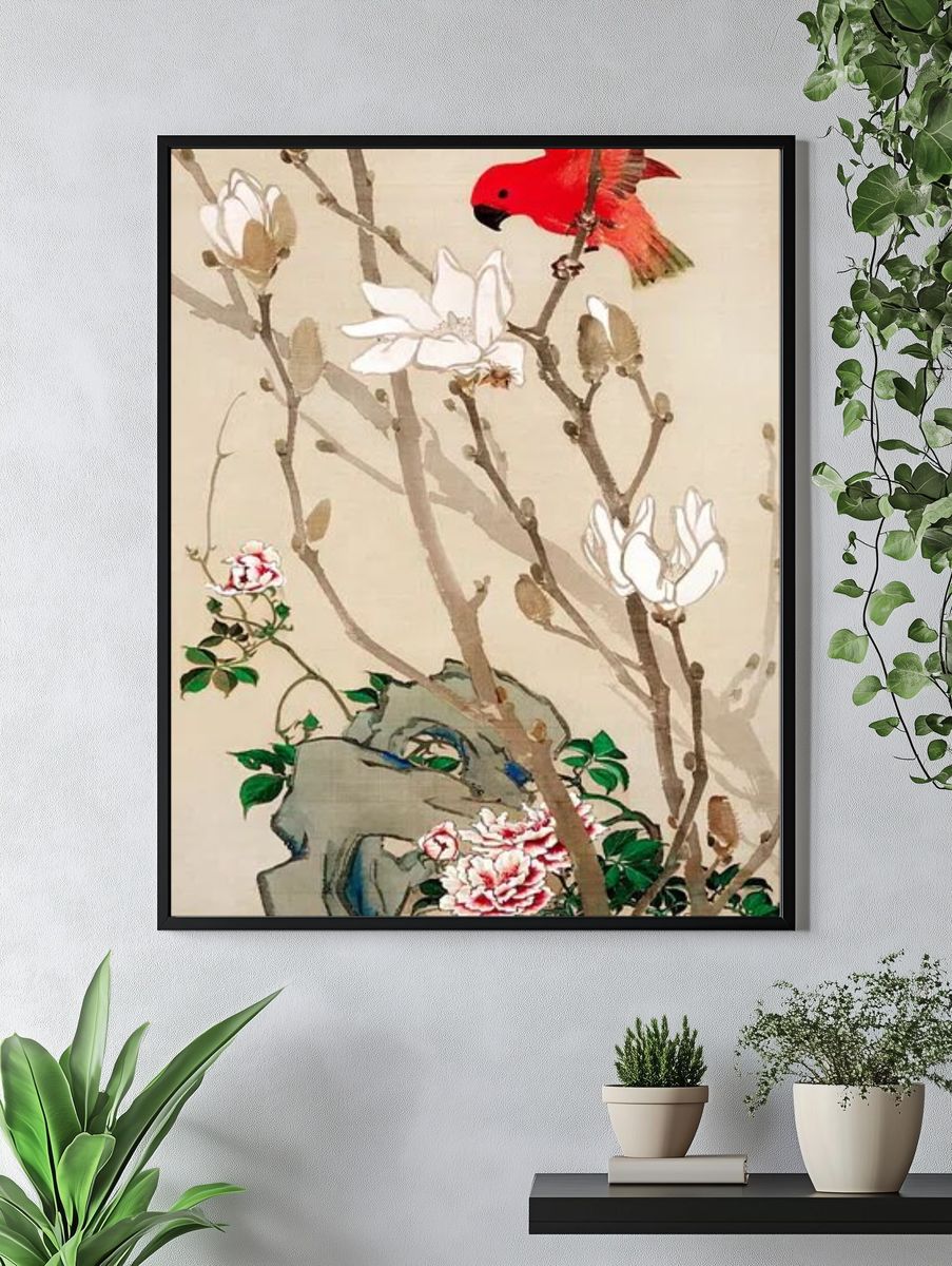 Red Bird and Magnolia Flowers — Fine Art Print. — room view 4