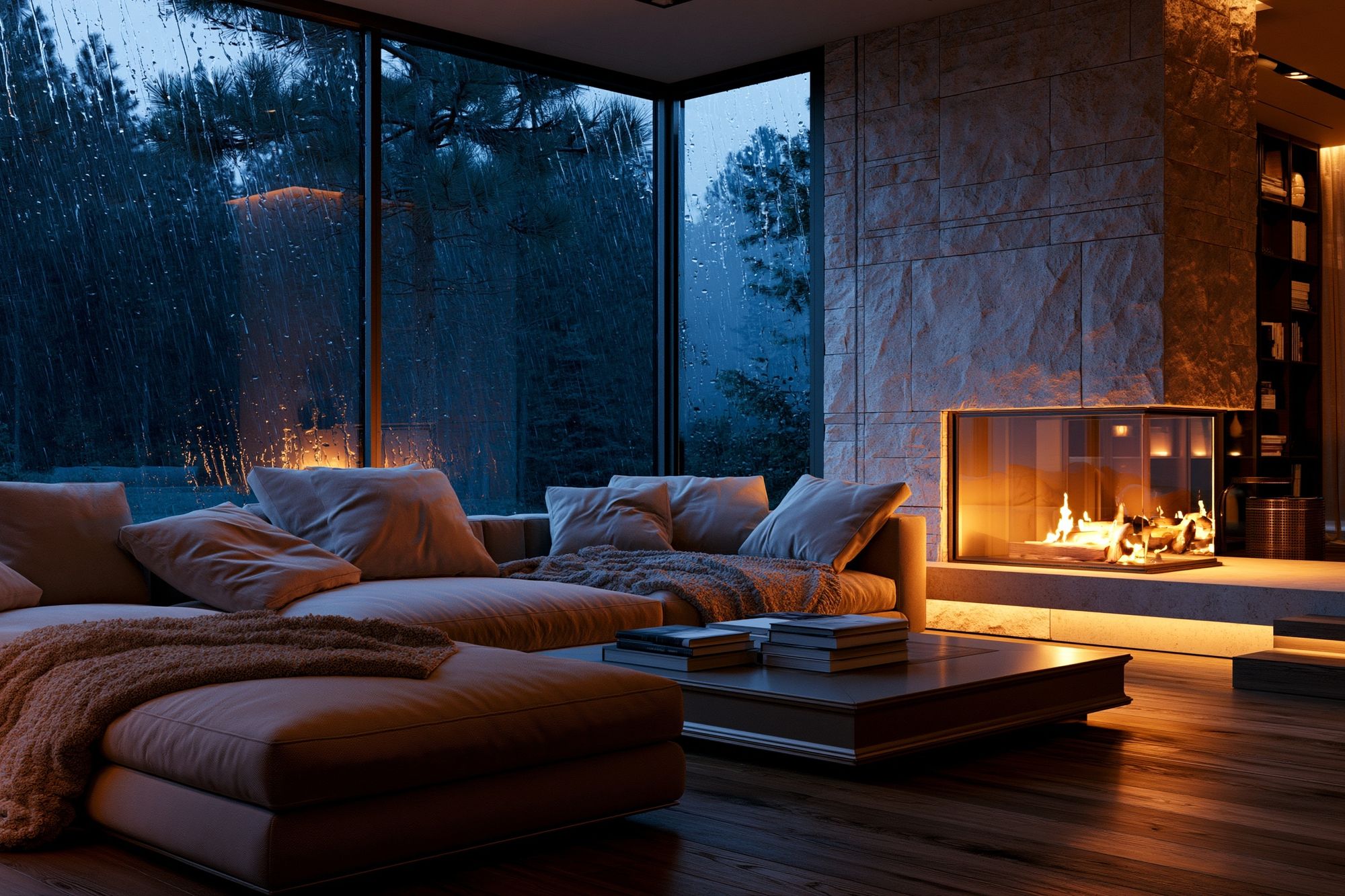 Rainy Modern Fireplace Interior Poster. poster detail