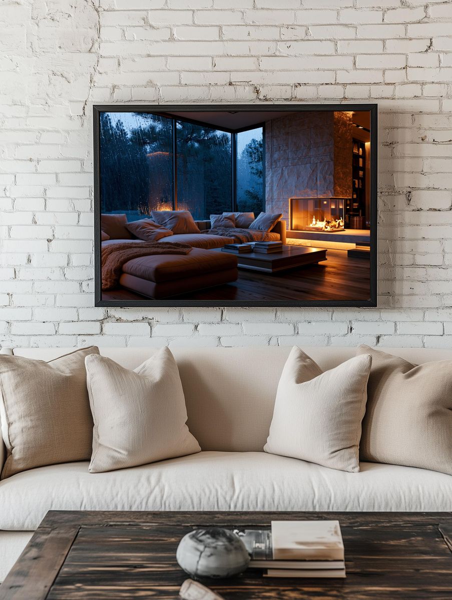 Rainy Modern Fireplace Interior Poster. room preview