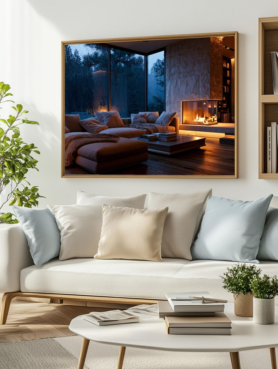 Rainy Modern Fireplace Interior Poster. — room view 2