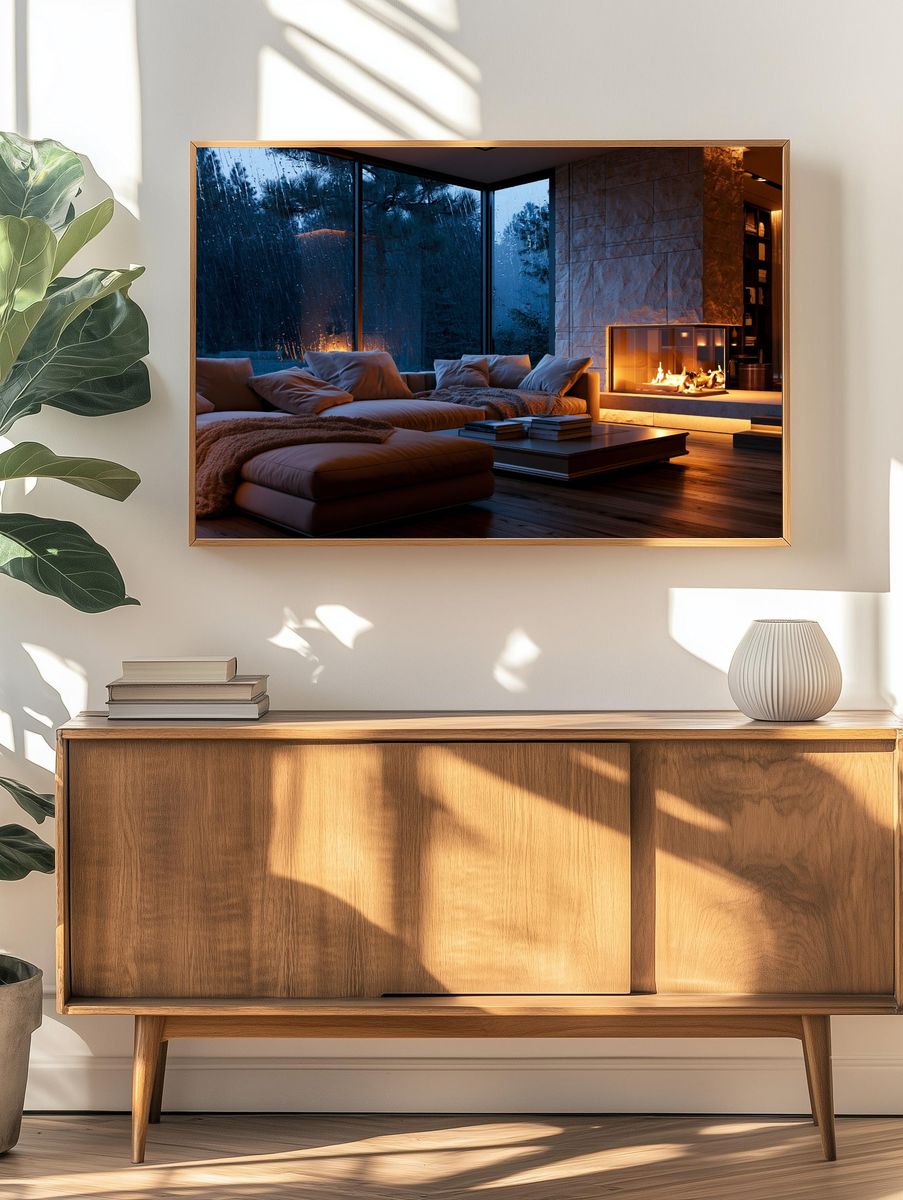 Rainy Modern Fireplace Interior Poster. — room view 3