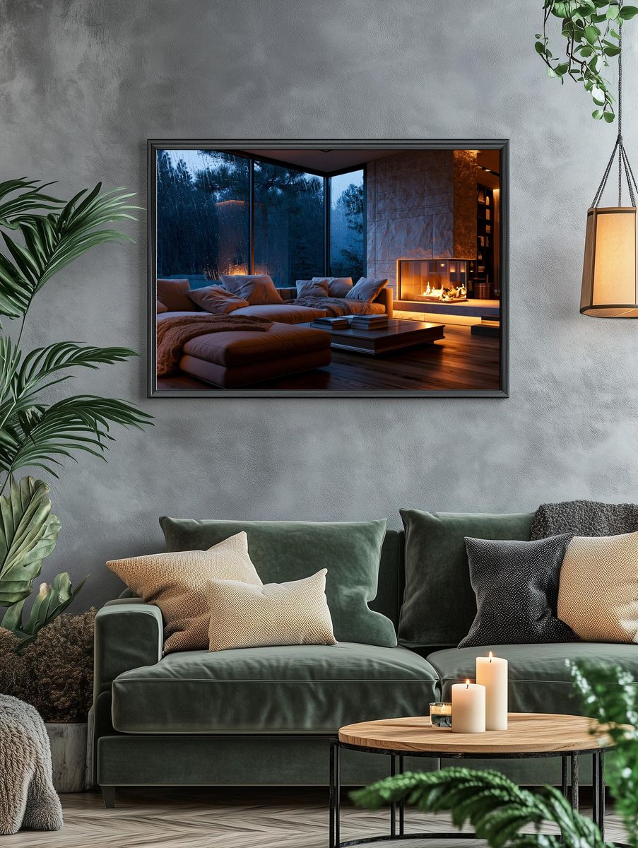 Rainy Modern Fireplace Interior Poster. — room view 4