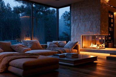 Rainy Modern Fireplace Interior Poster. poster