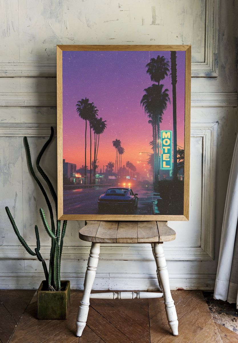 Retro Motel at Sunset — Vintage Print room preview