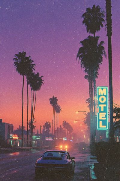 Retro Motel at Sunset — Vintage Print