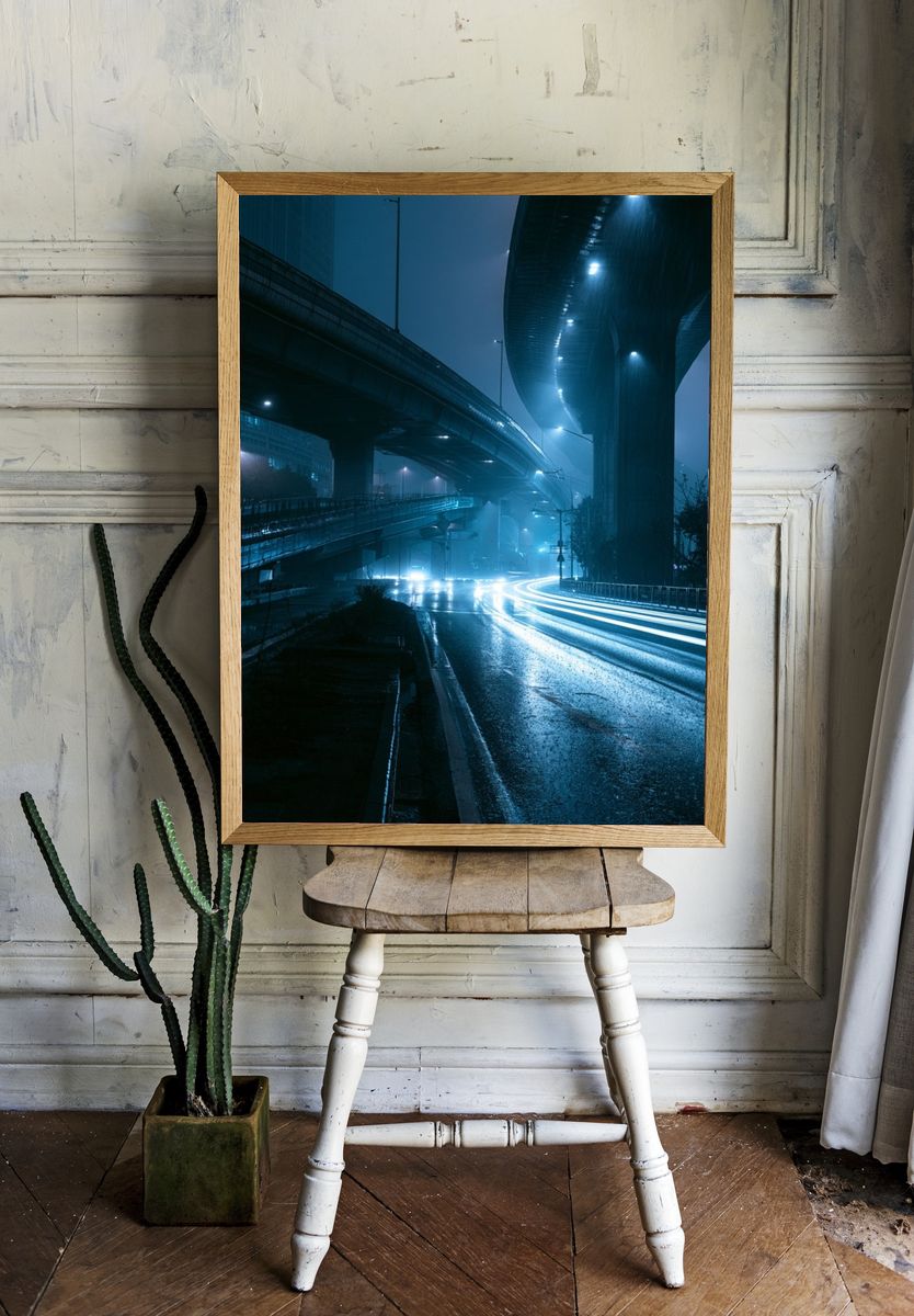 Rainy Overpass Night Photography Poster. room preview