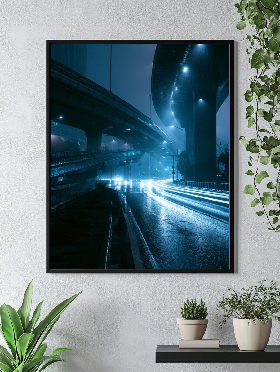 Rainy Overpass Night Photography Poster. — room view 4