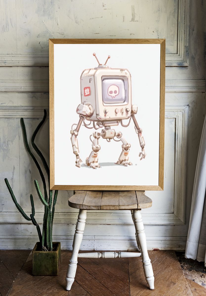 Cute Retro Robot Illustration Poster. — room view 1